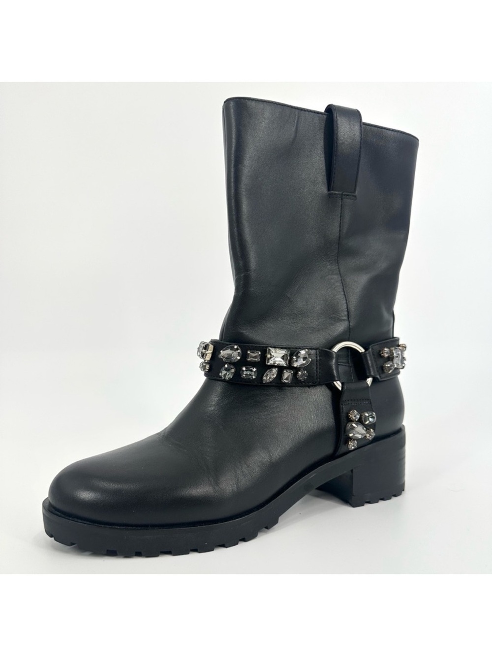 WHBM Kristen Gem Embellished Leather Biker Chic Moto Combat Boots, Black Size 6